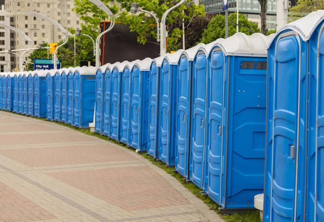 a row of portable restrooms at a fairground, offering visitors a clean and hassle-free experience in soddy